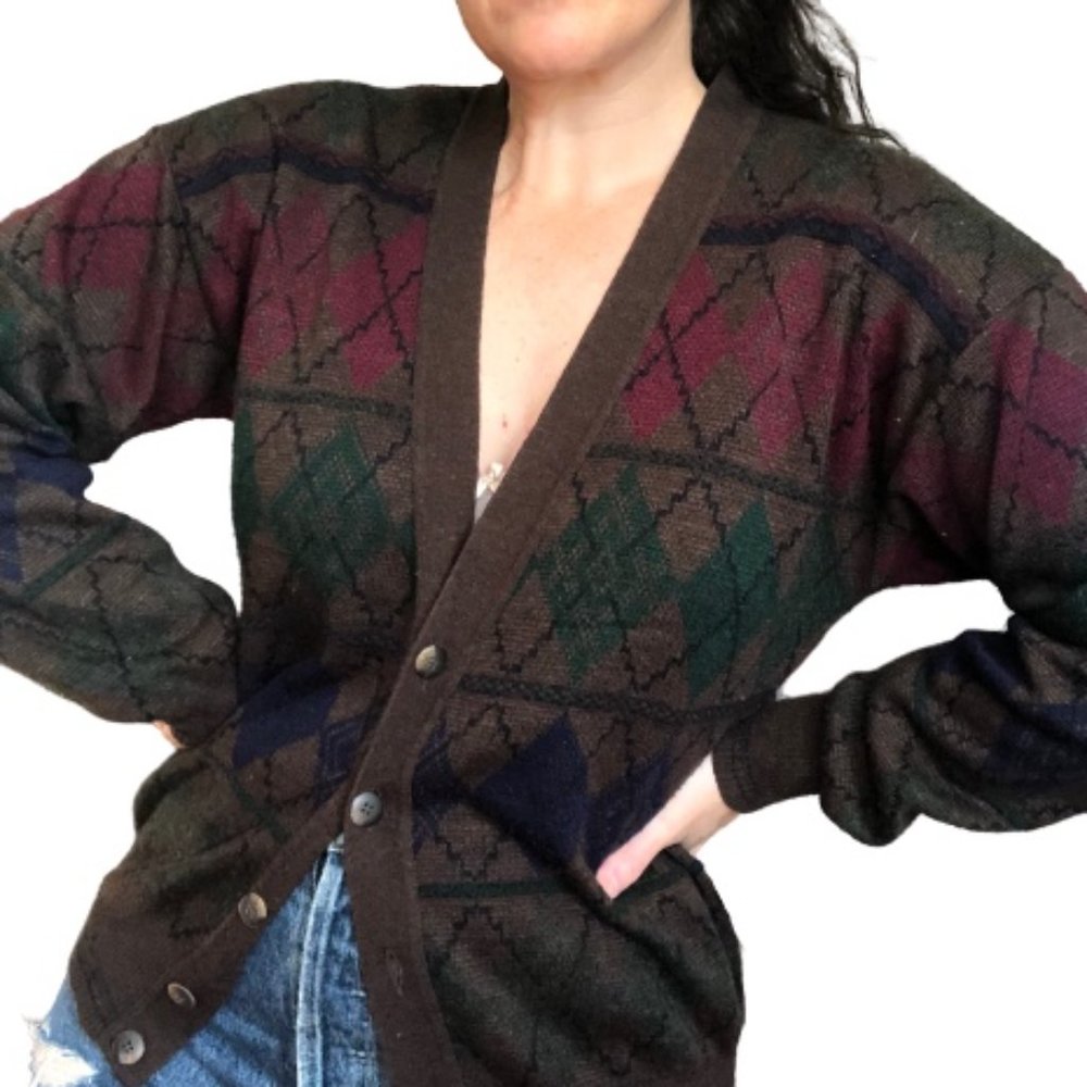 Vtg Italian Brown Argyle Wool Blend V-Neck Cardigan Grandpa Menswear Sweater